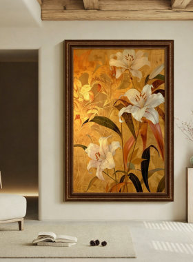 金韵百合花卉中古风客厅装饰画法式复古餐厅轻奢高级感背景墙挂画