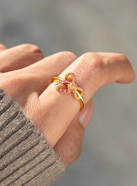 S925镶粉钻蝴蝶结女士食指环