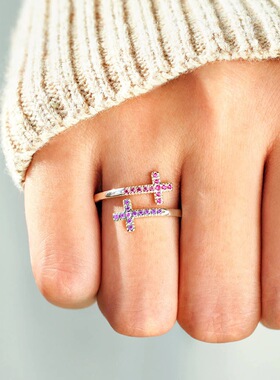 S925纯银双层十字架开口戒指女