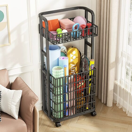 Yoga mat storage basket fitness equipment household basketball storage rack with wheels mobile sports ball toy storage rack
