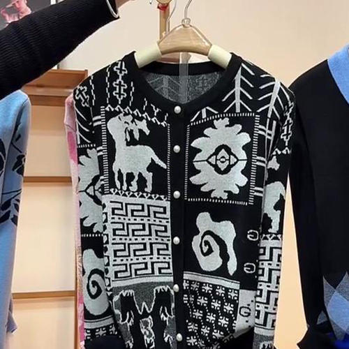 国潮风费尔岛提花针织开衫女长袖大码复古毛衣春季新款动物图案 - 图3