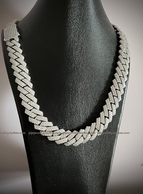 s925银镀18K白金菱形古巴链嘻哈