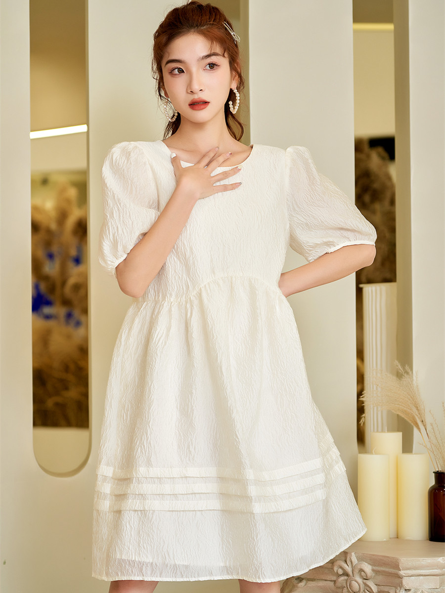 CU+CH春夏女韩版简约甜美公主裙宽松中长款短袖连衣裙