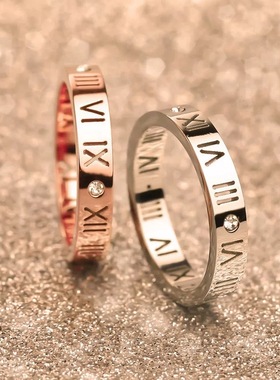 镶钻钛钢玫瑰金学生不掉色戒指