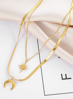项链女2022年新款潮网红不掉色钛钢双层高级感气质月亮锁骨链百搭