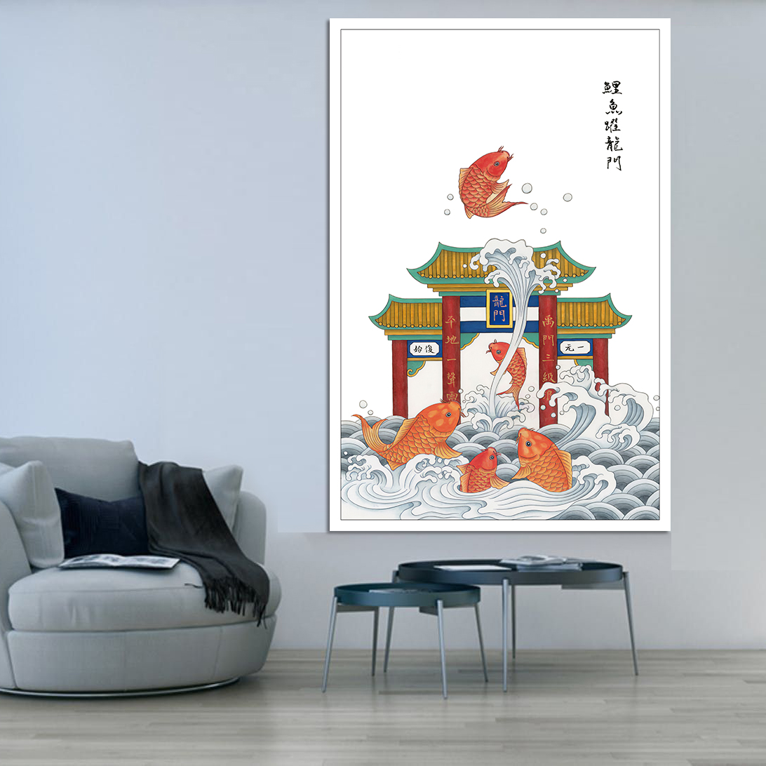 鲤鱼跃龙门挂画鱼跳龙门锦鲤客厅旺财风水画门上贴画自粘画装饰画-图1