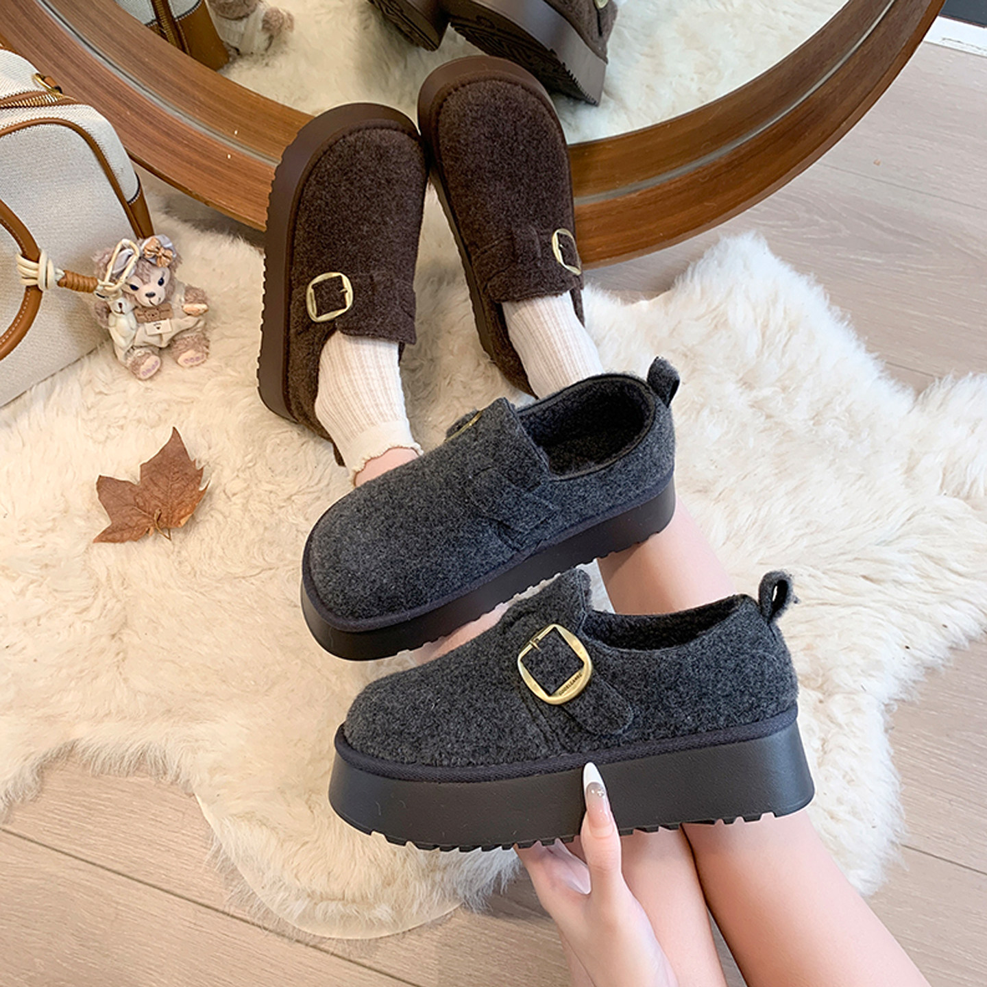 厚底加绒勃肯鞋女鞋子2025新款秋冬复古休闲乐福鞋加绒雪地靴棉鞋,淘宝优惠券,粉丝福利购,淘宝优惠卷