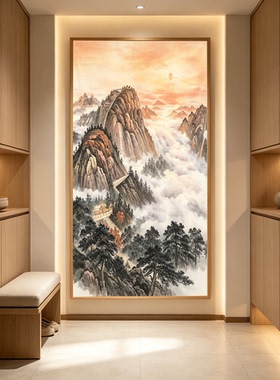 泰山日出靠山图手绘山水风水画