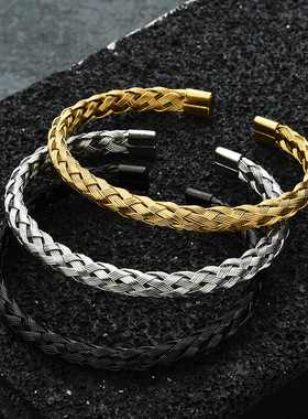 不锈钢编织网手镯麻花辫钢丝开口手镯钛钢饰品现货