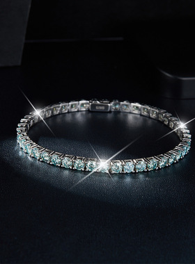 欧美时尚经典四爪50分整圈蓝绿色莫桑钻925银网球手链男女同款