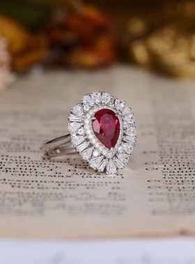 实验室培育红宝石水滴6*9mm高级珠宝S925银镀18k金闭口戒指