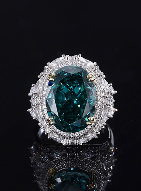 珠宝S925通体银彩宝款高碳钻薄荷绿黄钻闭口旦形戒指12*16