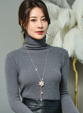 时尚毛衣链花朵水晶吊坠长款项链女个性百搭秋冬服装配饰挂件