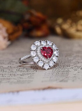 实验室培育红宝石鸽血红心形7*7mm高级珠宝S925银镀18k金闭口戒指