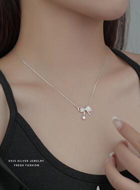 s925纯银心形猫眼石蝴蝶结项链女
