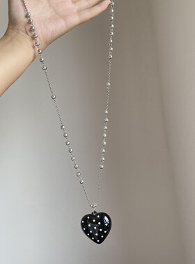 甜酷风~韩系黑色波点爱心吊坠项链女简约百搭ins风长款毛衣链配饰