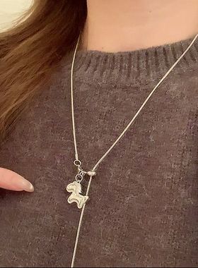 新款卡通银色锆石小马吊坠毛衣链可调节长短设计简约时尚设计感女