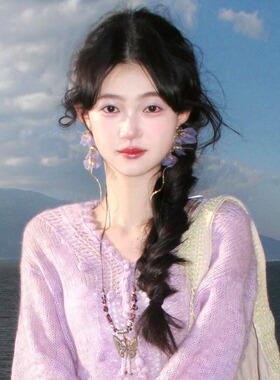 紫色花瓣流苏长款耳坠女新款高级感设计耳钉小众度假风巨好看耳夹