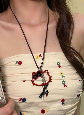 甜美少女心夏日镂空kitty猫项链女甜酷百搭长款吊坠锁骨链配饰品