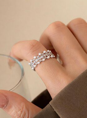 蕾丝花边珍珠戒指女轻奢小众设计高级感食指戒时尚百搭开口戒指环