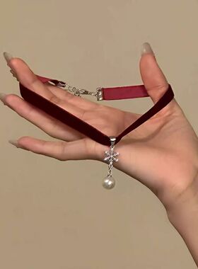 轻奢红色闪钻蝴蝶结choker项链女时尚宴会晚礼服颈链配饰