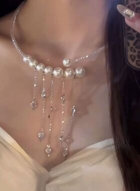 【香氛谬斯】波点蝴蝶结仿珍珠项链长款叠戴锁骨链毛衣链百搭颈链