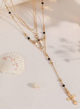 欧美新款多层叠戴十字架项链时尚轻奢高级感镶钻流苏加长锁骨链女