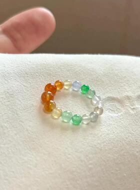 简约小清新独特彩虹圆子弹力绳戒指多巴胺小众少女串珠戒指