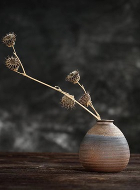 陶瓷花瓶日式陶瓷老岩泥花器茶桌花瓶粗陶禅意中式铜钱草家居摆件