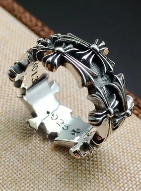 潮尅罗伈潮双层十字架花戒指复古ins男女foreven情侣对戒百搭款式