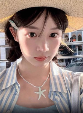 蓝色海星彩色多巴胺水晶串珠项链女海边锁骨链星星颈链2025新款夏