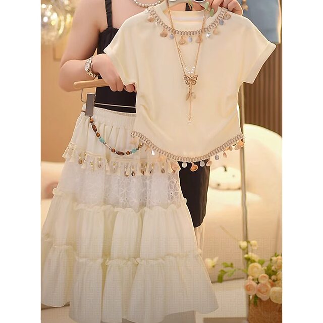 ເດັກຍິງ summer suit skirt ແຂນສັ້ນບາງໆແບບທີ່ທັນສະໄຫມ