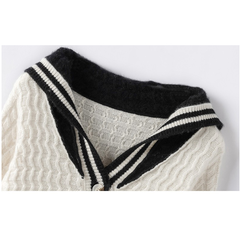 时光胶囊~2025年学院风毛衣遮肉外套海军领针织羊绒开衫白黑撞色 - 图0