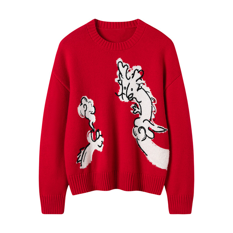 【喜乐灵龙】系列2025新款100%纯羊绒复古休闲针织套头红色毛衣女,淘宝优惠券,粉丝福利购,淘宝优惠卷