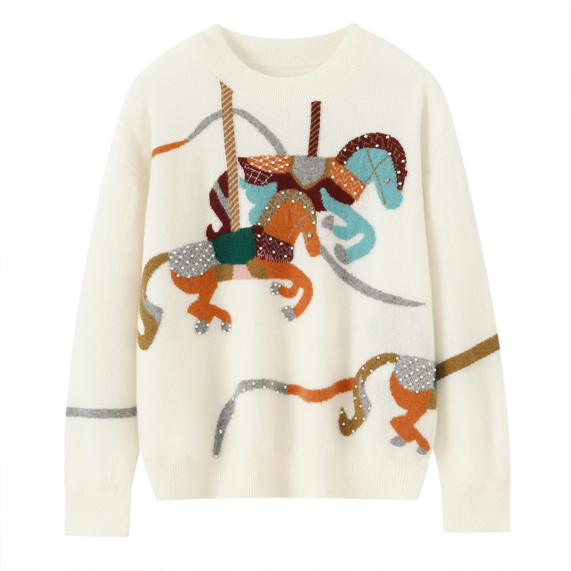 萨琪尼100%纯山羊绒衫女士圆领套头毛衣重工钉珠提花羊绒打底衫,淘宝优惠券,粉丝福利购,淘宝优惠卷