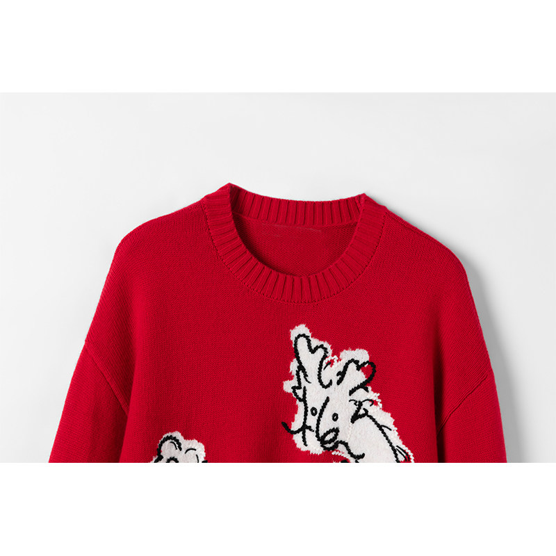 【喜乐灵龙】系列2025新款100%纯羊绒复古休闲针织套头红色毛衣女,淘宝优惠券,粉丝福利购,淘宝优惠卷