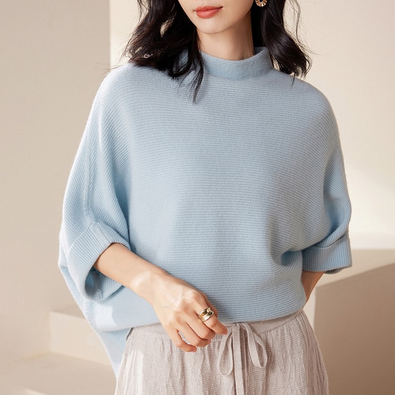 高段位气质！蝙蝠袖半高领羊绒衫女短袖纯羊绒毛衣针织衫中袖新款,淘宝优惠券,粉丝福利购,淘宝优惠卷