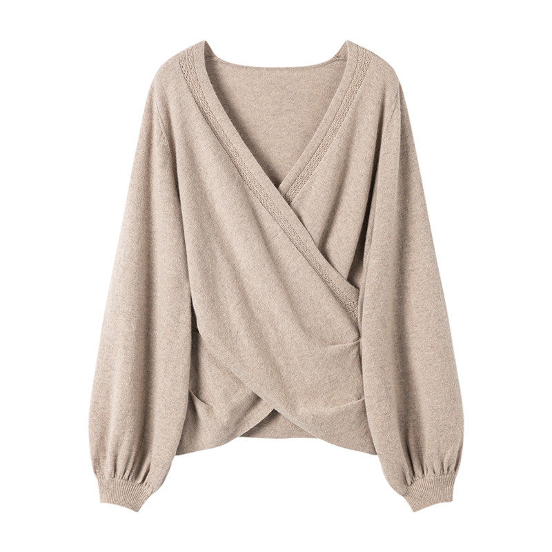 艺术感版型~灯笼袖毛衣女2025新款交叉V领长袖气质宽松针织上衣,淘宝优惠券,粉丝福利购,淘宝优惠卷