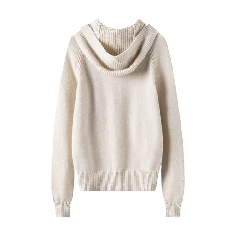 给足你气质！纯羊绒连帽长袖针织开衫女宽松纯色带帽外套上衣 - 图3