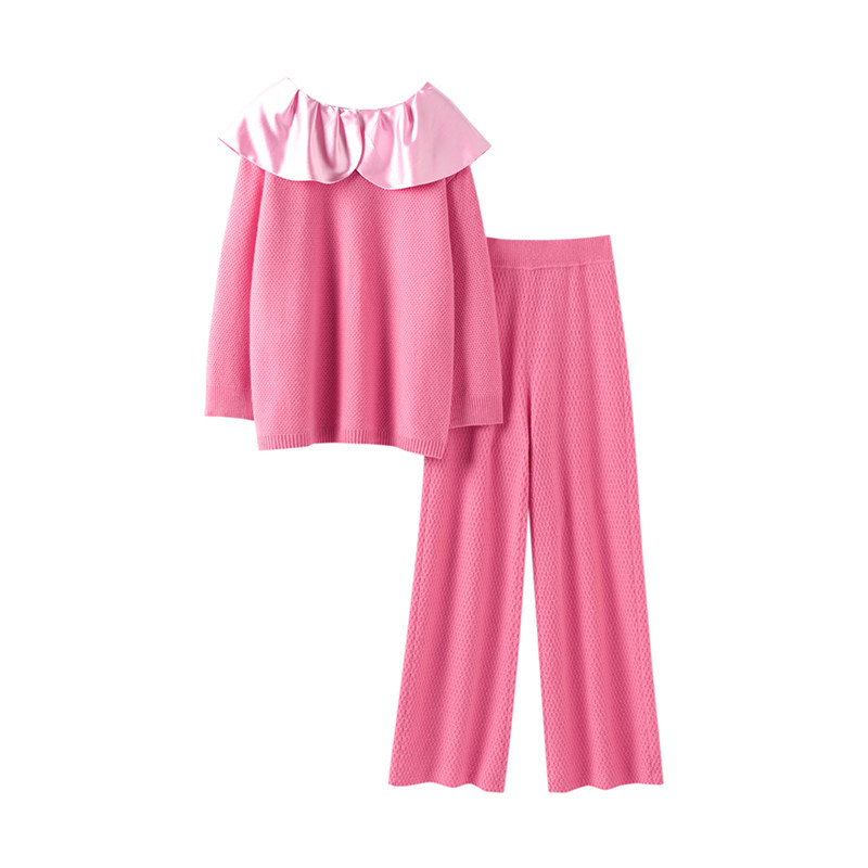 加厚大克重菠萝针绸缎领羊绒衫女一字肩纯羊绒毛衣直筒阔腿裤套装,淘宝优惠券,粉丝福利购,淘宝优惠卷