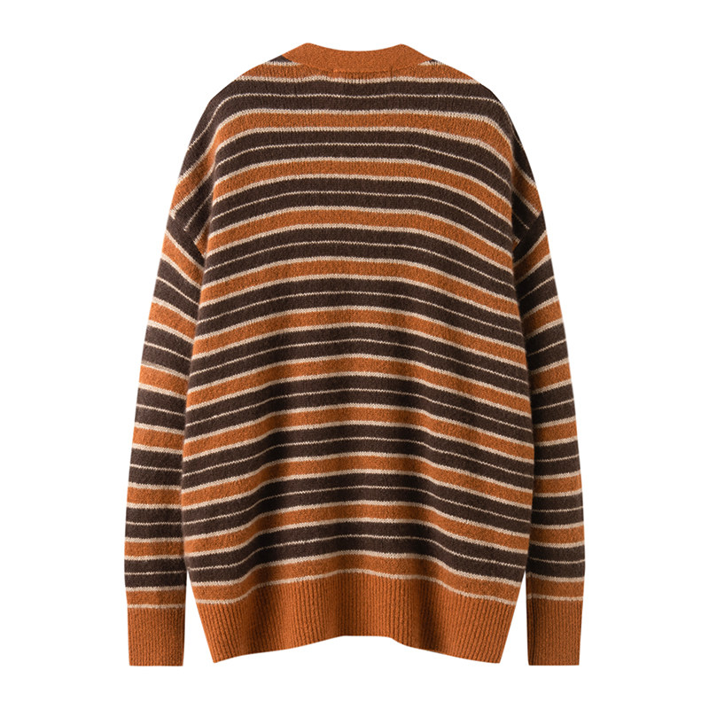 萨琪尼〓绒+〓焦糖色条纹V领廓形长袖羊绒毛衣开衫女2025新款,淘宝优惠券,粉丝福利购,淘宝优惠卷