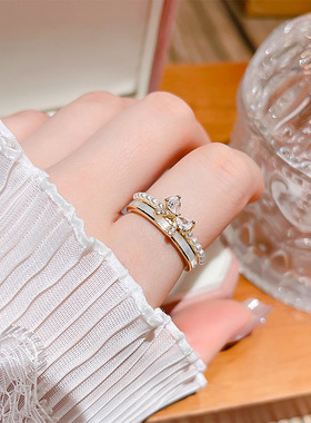 【品质款】珍珠蝴蝶结天然贝母锆石戒指 女韩版精致简约百搭戒指