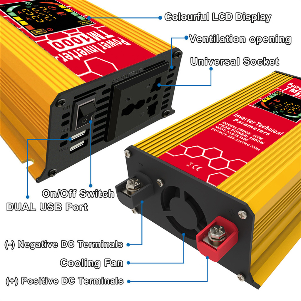 修正波逆变器500W12V转220V车载太阳能转换器双USB/LED智能显示屏-图1