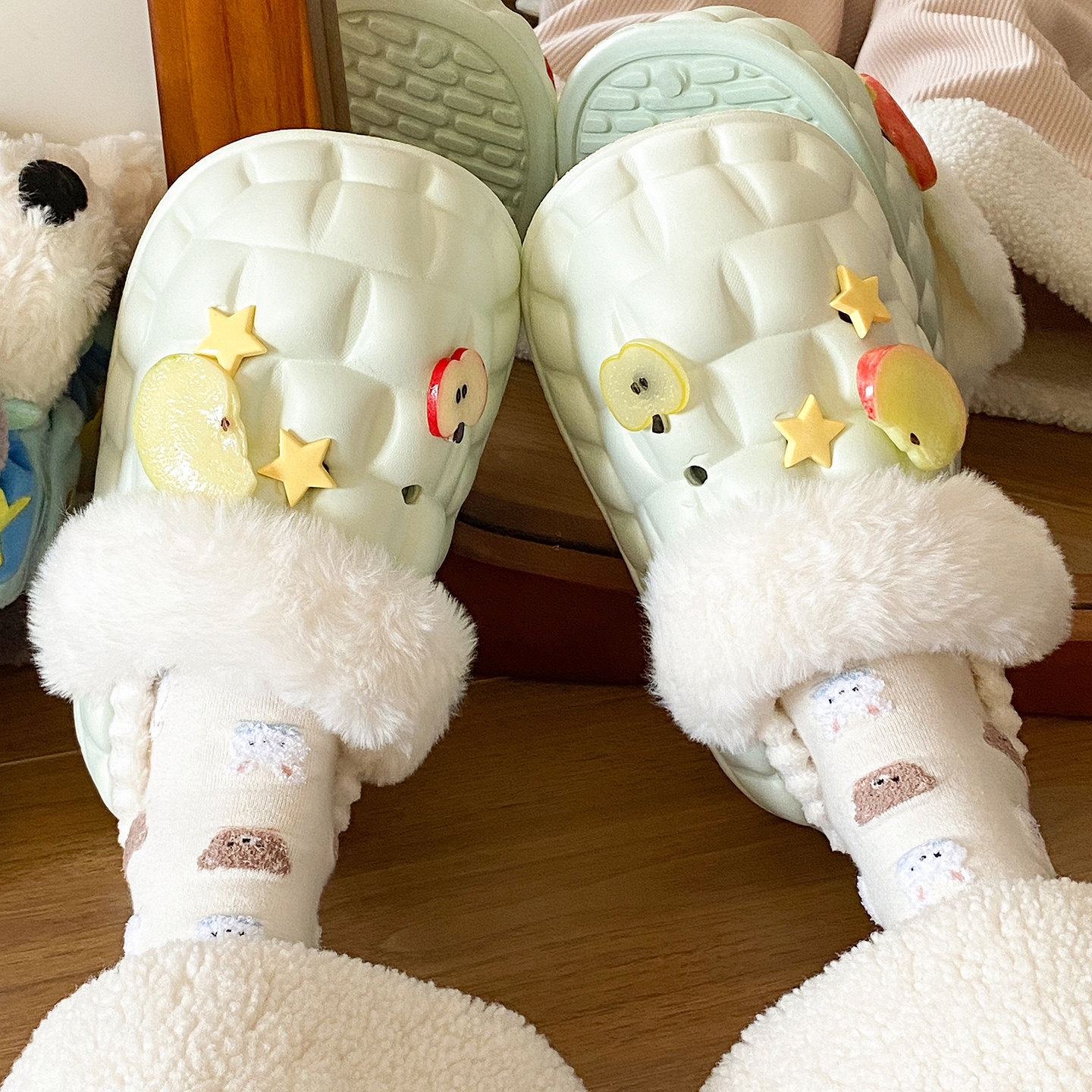 可拆卸防水棉拖鞋女款冬季家居外穿可爱星星苹果加绒保暖包跟棉鞋,淘宝优惠券,粉丝福利购,淘宝优惠卷