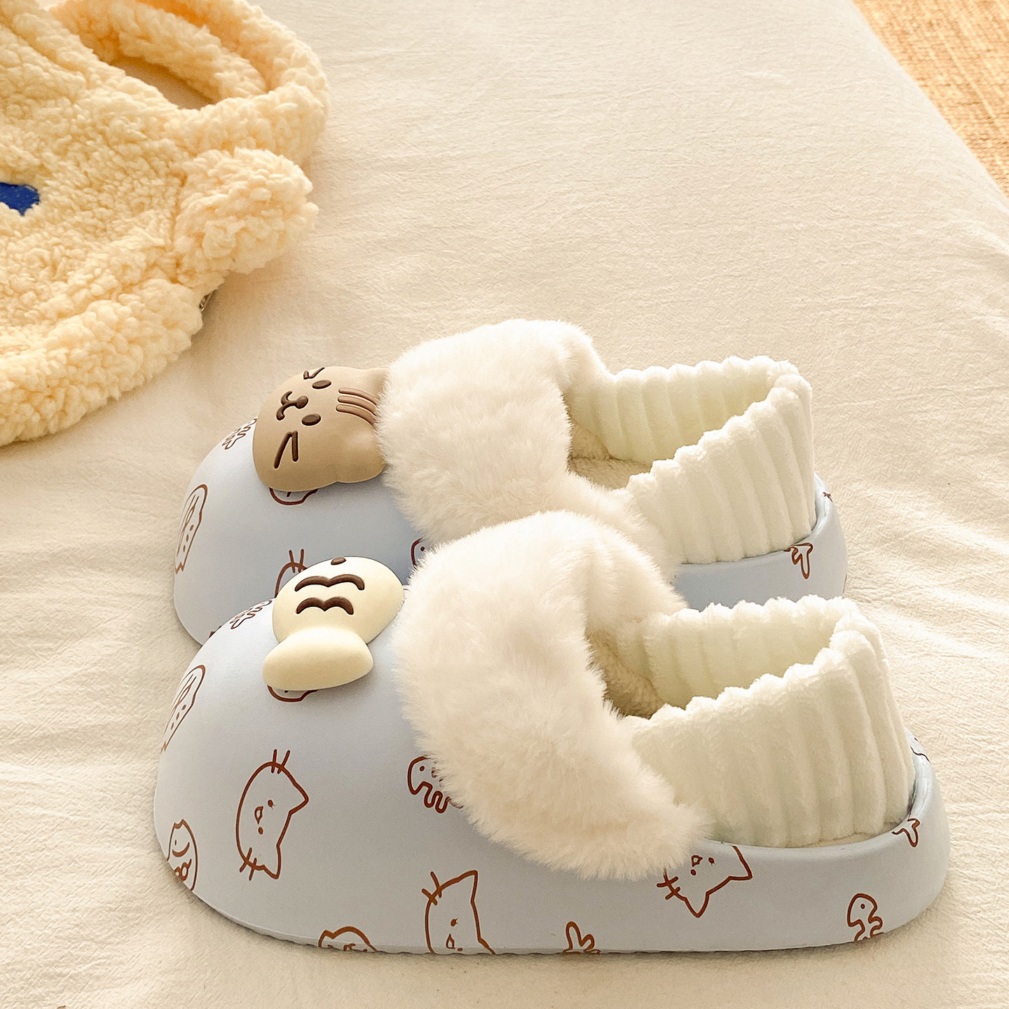 可拆卸棉拖鞋女士冬季加绒保暖室内外穿防水可爱猫鱼印花包跟棉鞋,淘宝优惠券,粉丝福利购,淘宝优惠卷