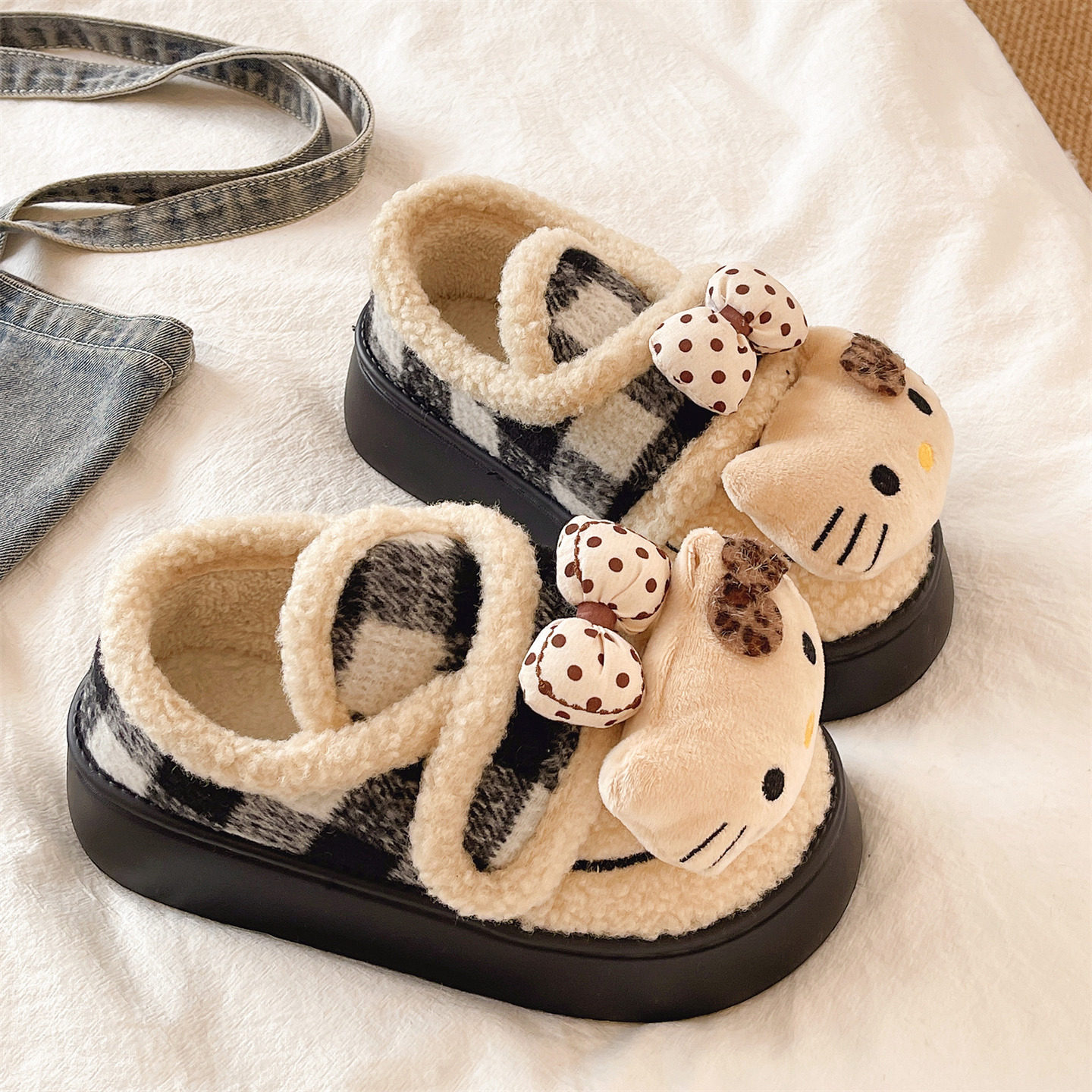 可爱猫咪格子棉拖鞋女款冬季外穿厚底加绒包跟保暖防滑魔术贴棉鞋,淘宝优惠券,粉丝福利购,淘宝优惠卷