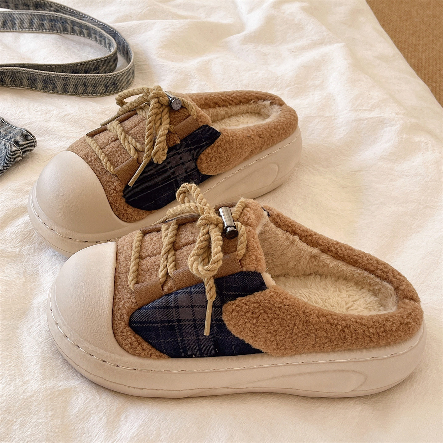 时尚系带棉拖鞋女冬季外穿包头加绒保暖防滑厚底室内居家毛毛拖鞋,淘宝优惠券,粉丝福利购,淘宝优惠卷