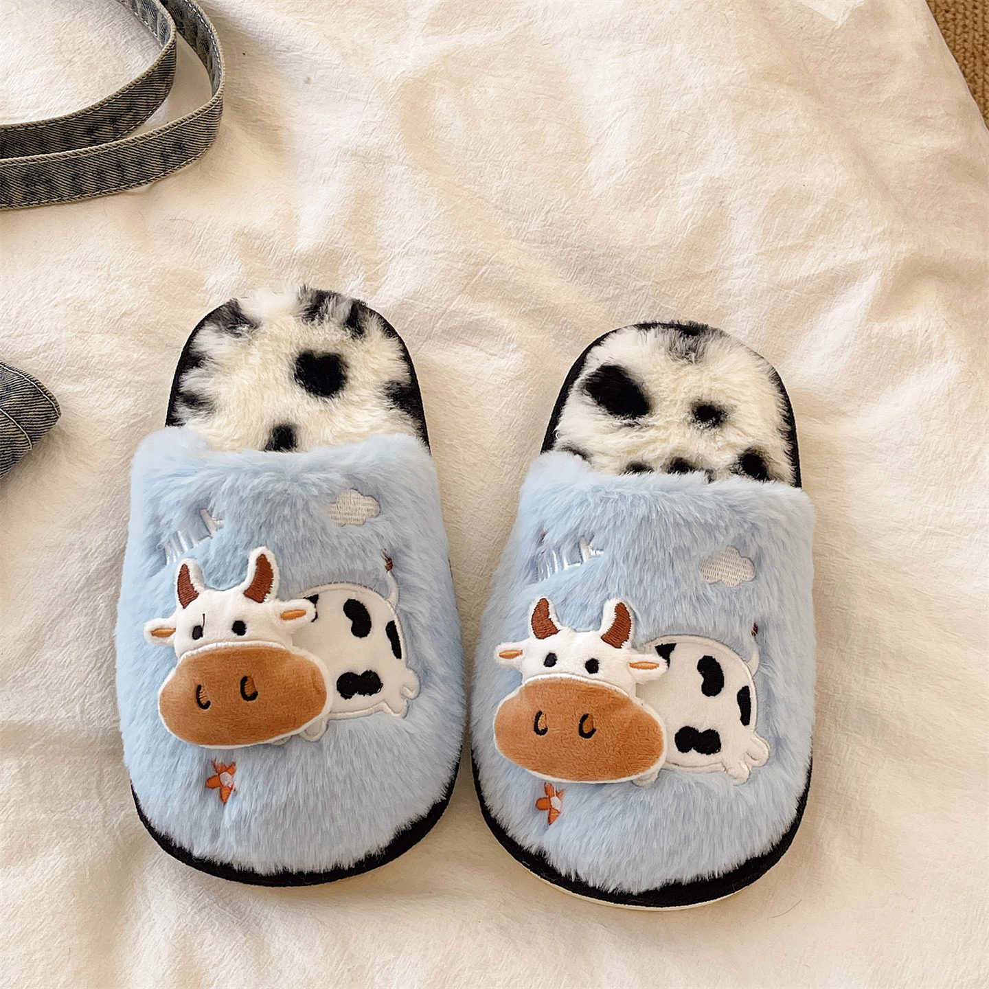 可爱奶牛棉拖鞋女冬季2025新款室内居家保暖毛绒防滑厚底毛毛拖鞋,淘宝优惠券,粉丝福利购,淘宝优惠卷