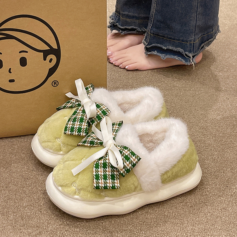 可外穿棉拖鞋女冬季新款可爱蝴蝶结毛绒月子保暖居家室内包跟棉鞋 - 图1