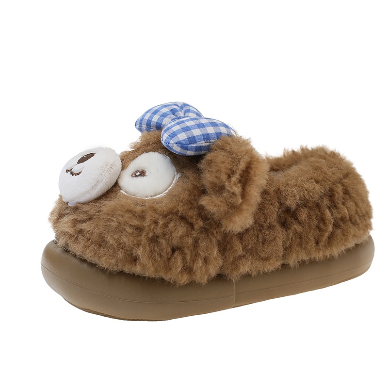 可爱蝴蝶结小熊毛毛鞋女秋冬季厚底防滑居家保暖毛绒包跟棉鞋外穿 - 图0